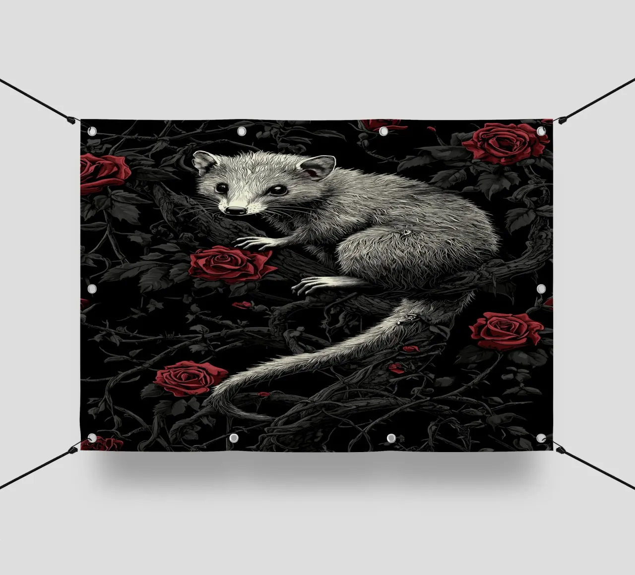 Opossum in un cespuglio di spine e rose telo in pvc da pixelbull - medieval art and more