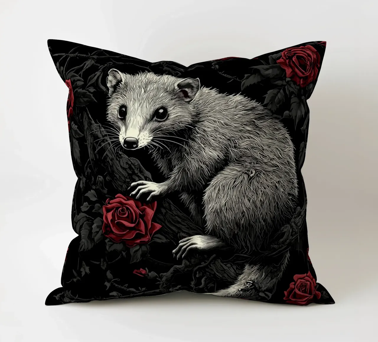 Opossum in un cespuglio di spine e rose cuscino da pixelbull - medieval art and more