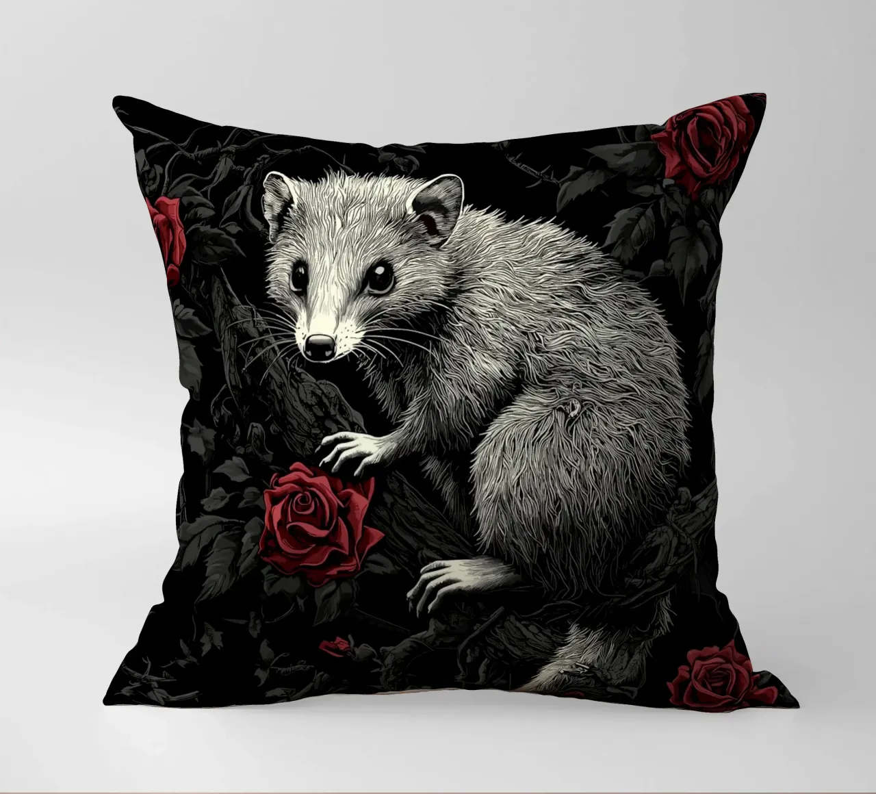 Opossum in un cespuglio di spine e rose cuscino da pixelbull - medieval art and more