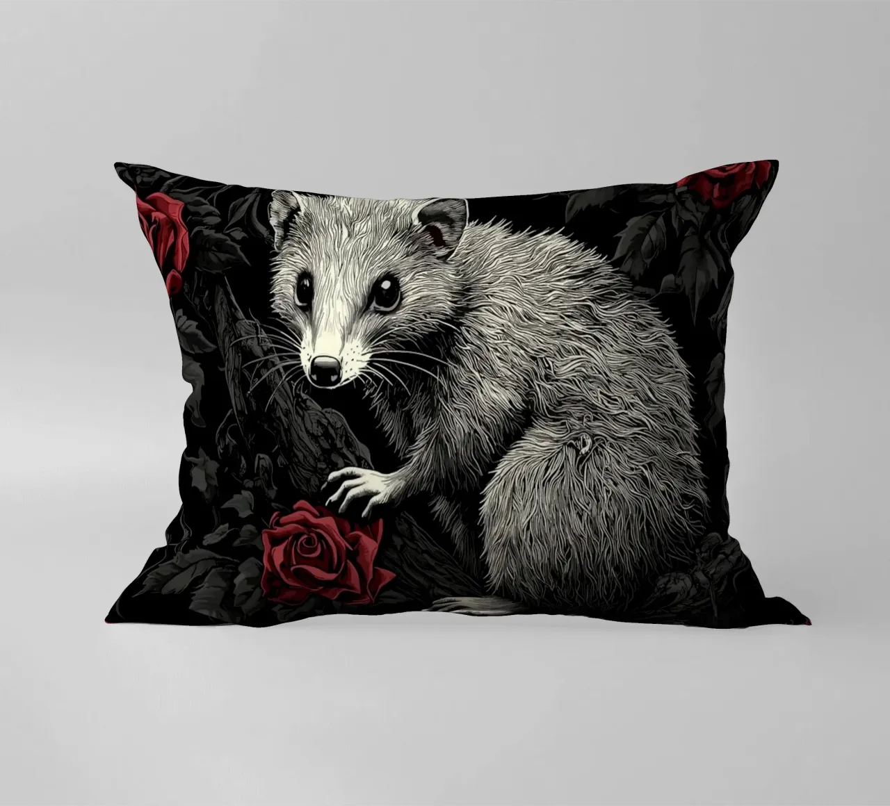 Opossum in un cespuglio di spine e rose cuscino da pixelbull - medieval art and more