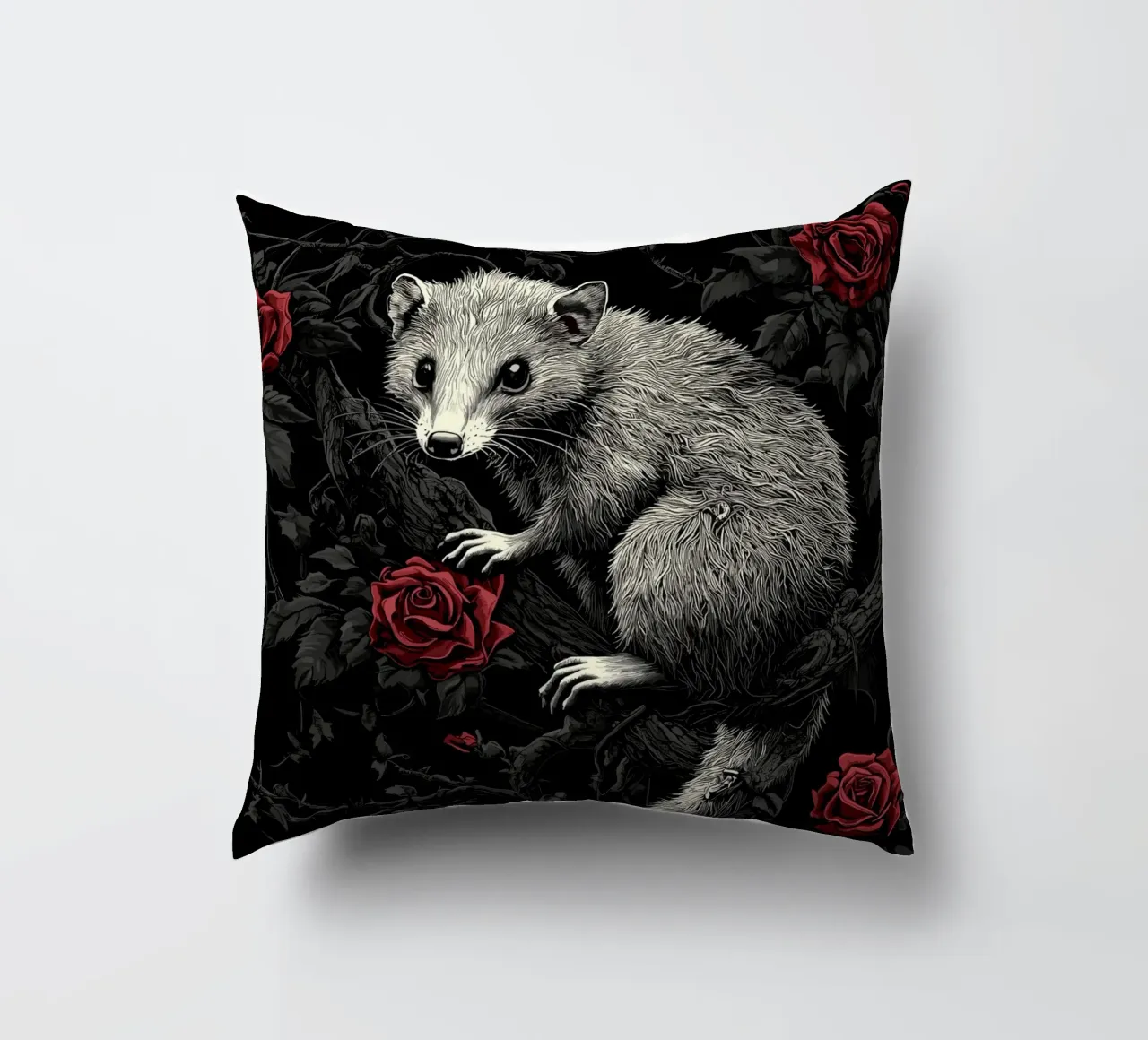 Opossum in un cespuglio di spine e rose cuscino da pixelbull - medieval art and more
