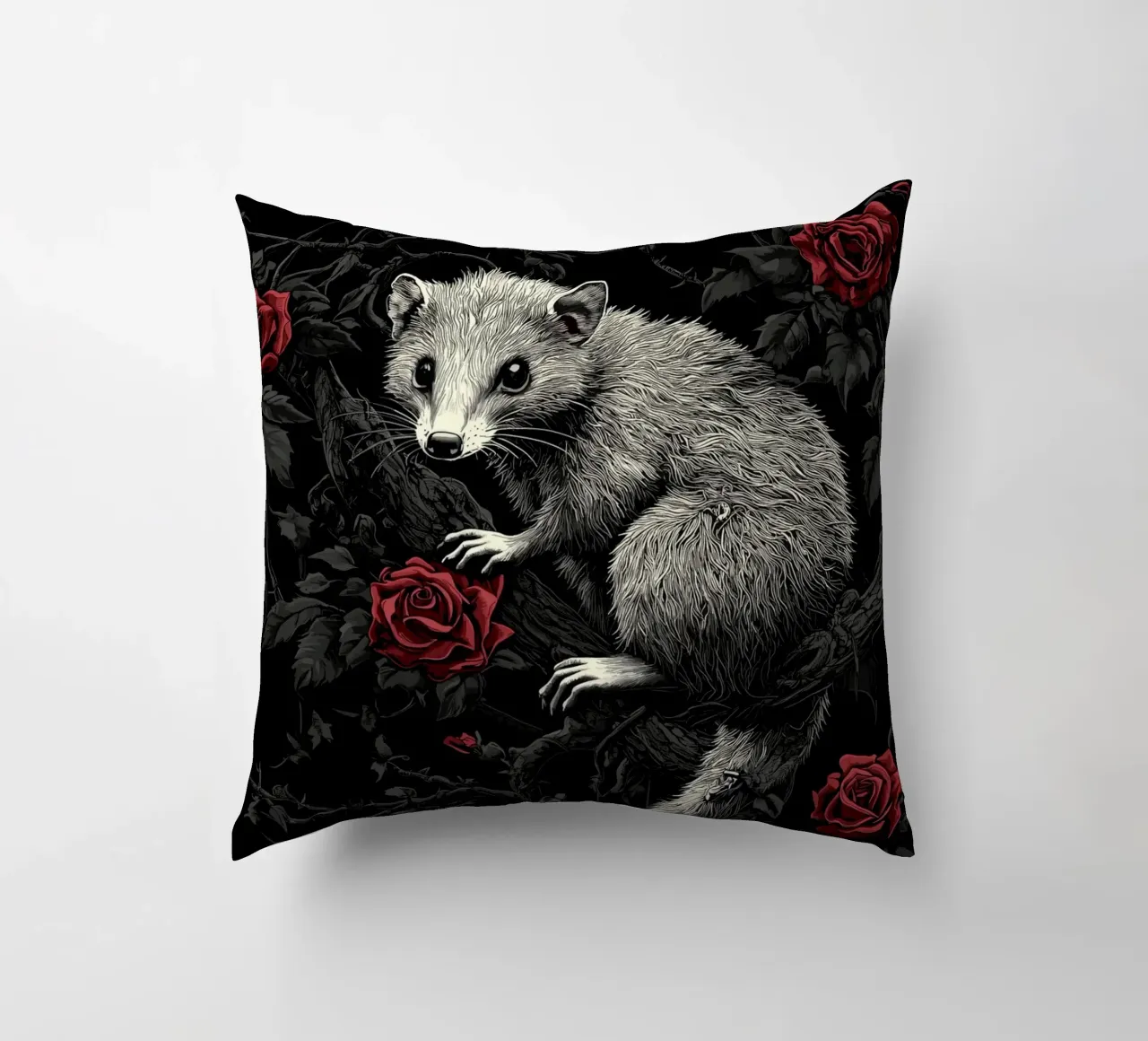 Opossum in un cespuglio di spine e rose cuscino da pixelbull - medieval art and more