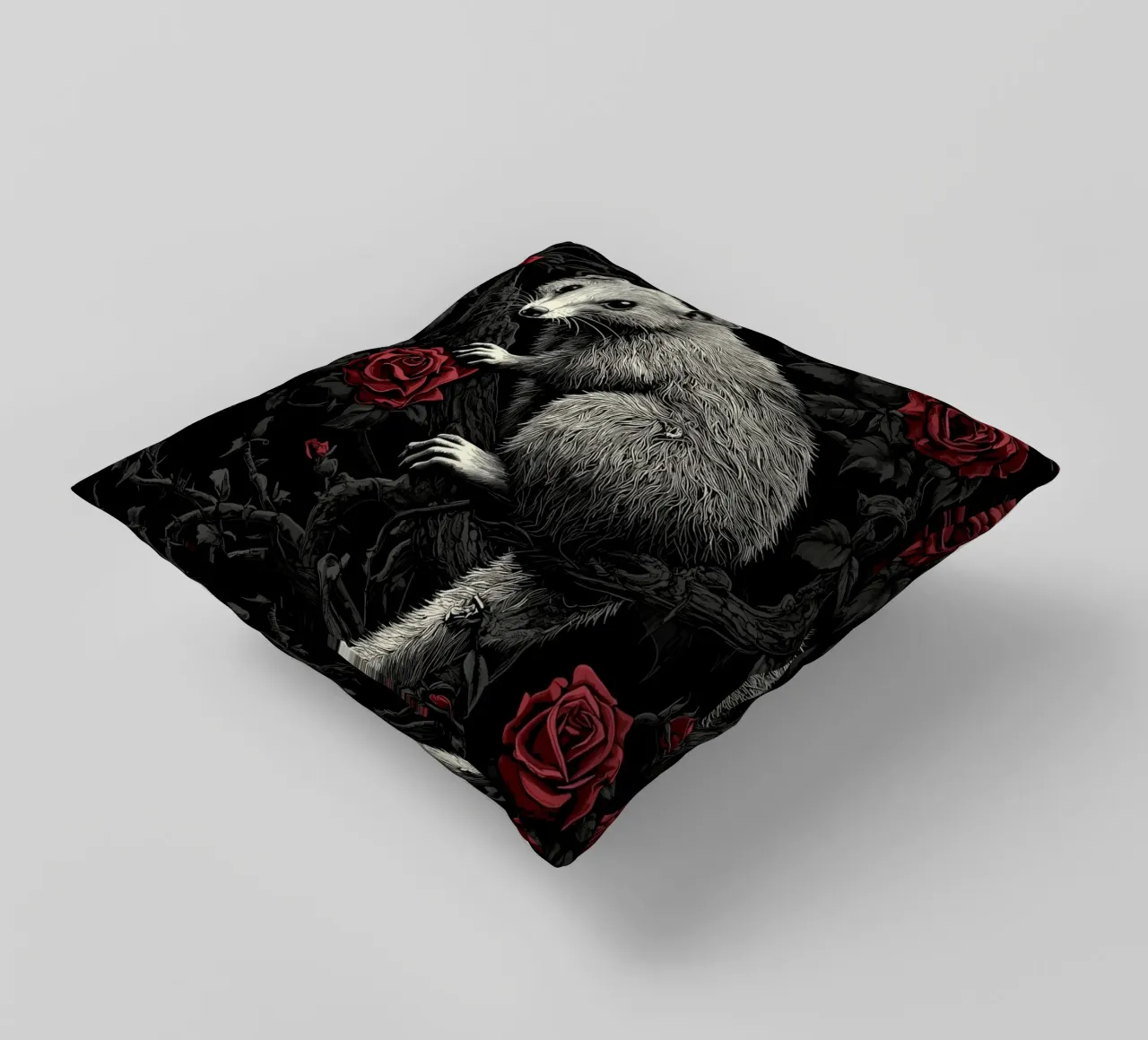 Opossum in un cespuglio di spine e rose cuscino da pixelbull - medieval art and more