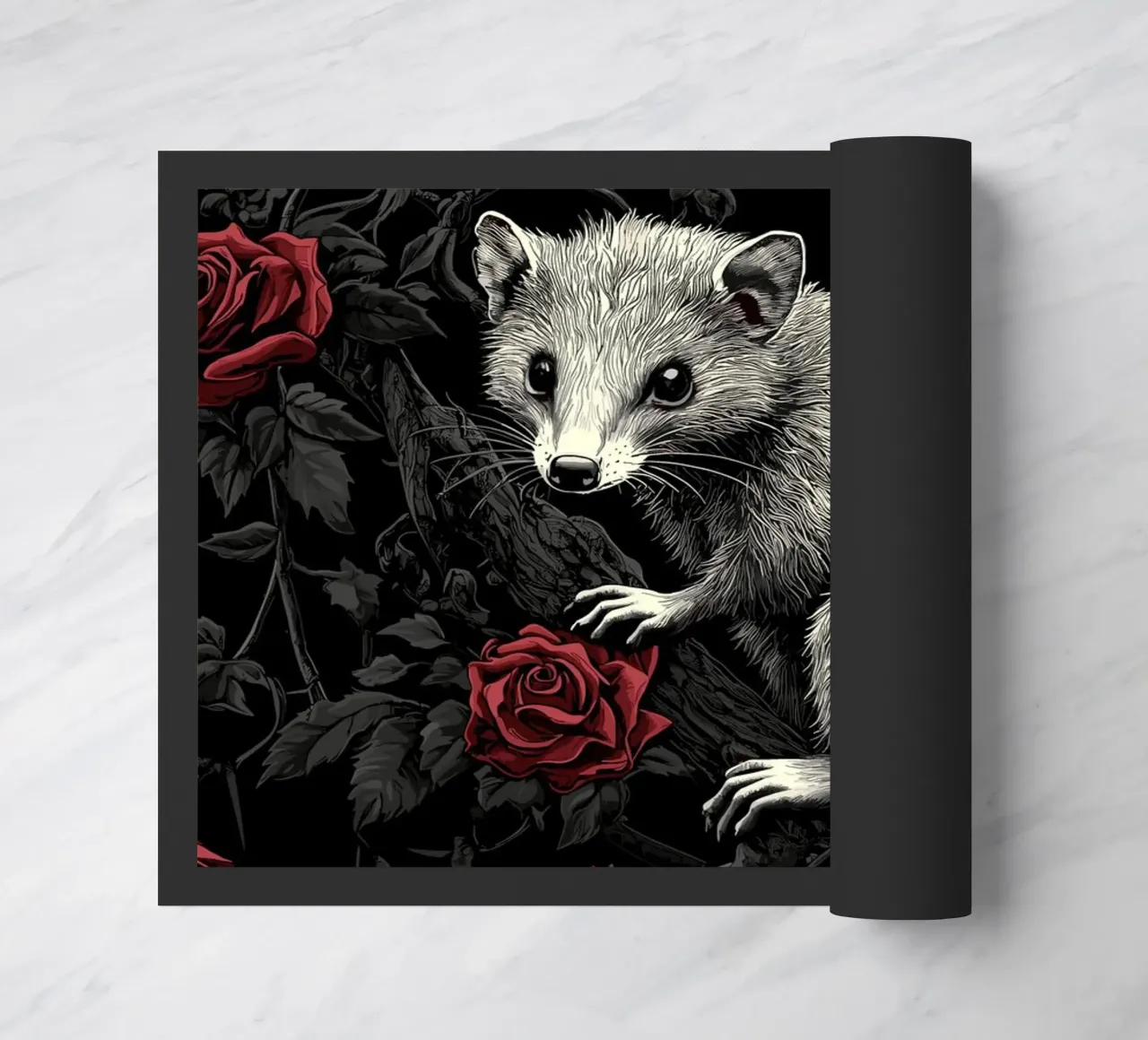 Opossum in un cespuglio di spine e rose zerbino da pixelbull - medieval art and more