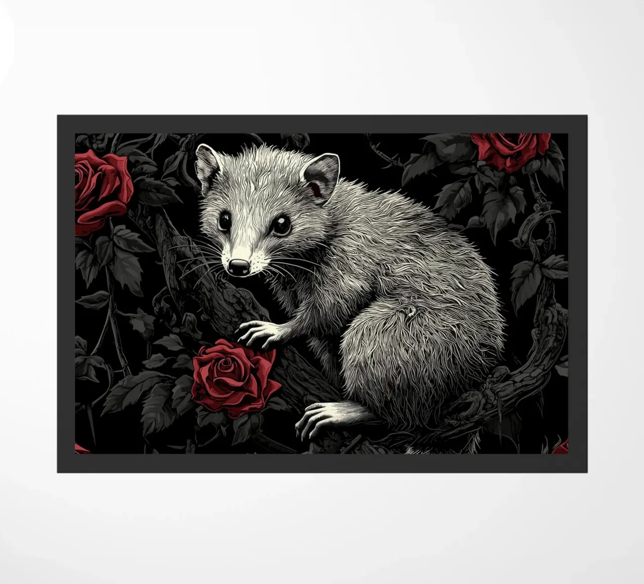 Opossum in un cespuglio di spine e rose zerbino da pixelbull - medieval art and more