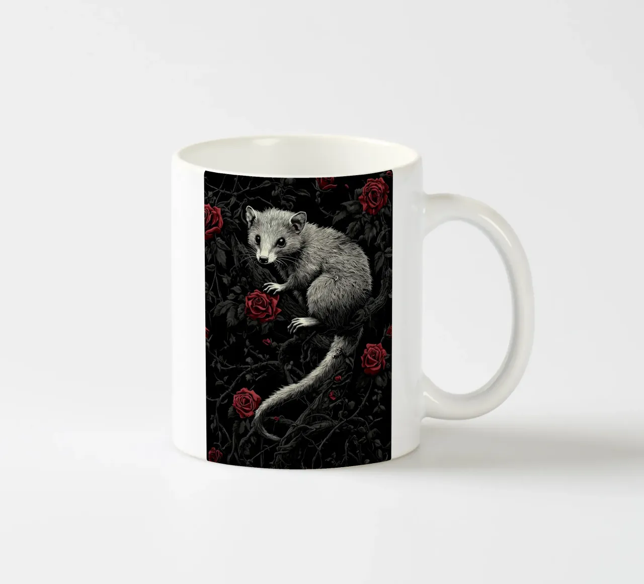 Opossum in un cespuglio di spine e rose tazza in ceramica da pixelbull - medieval art and more
