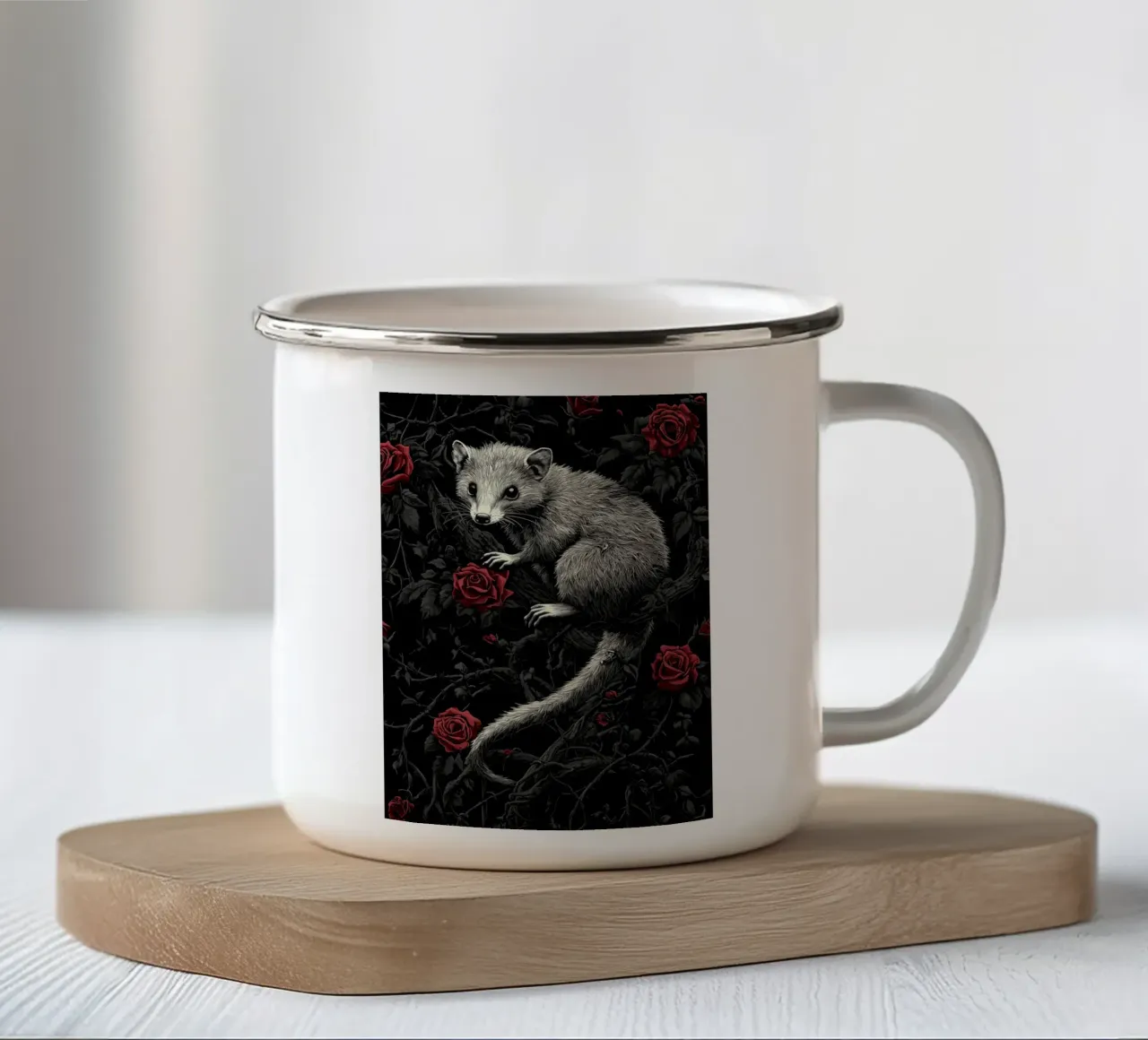 Opossum in un cespuglio di spine e rose tazza in smalto da pixelbull - medieval art and more