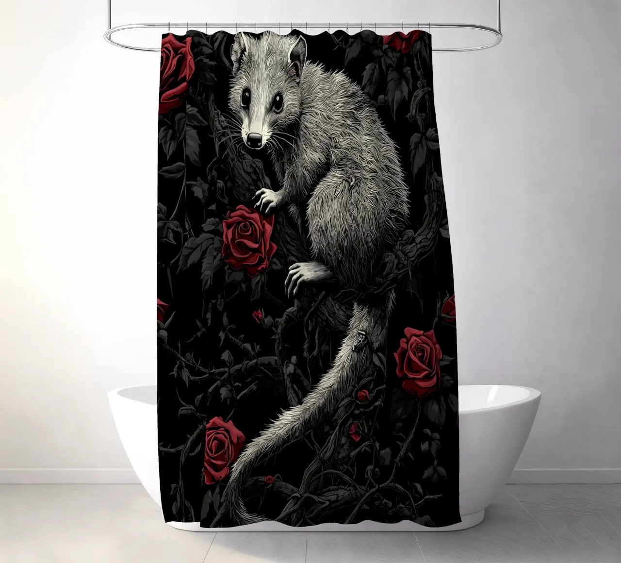 Opossum in un cespuglio di spine e rose tenda da doccia da pixelbull - medieval art and more