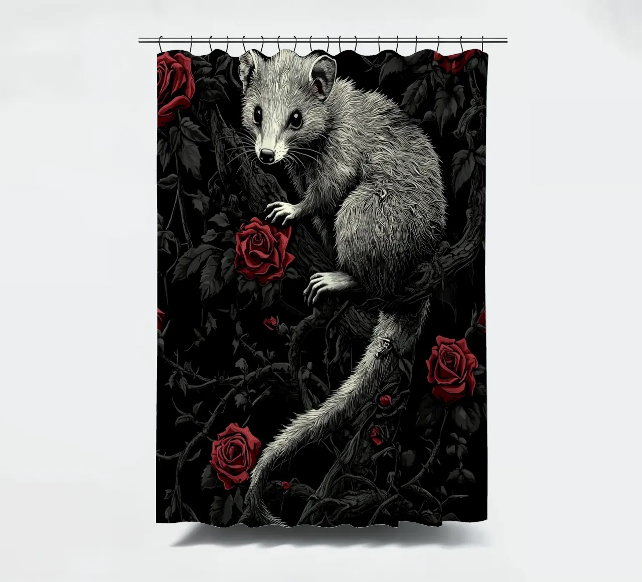 Opossum in un cespuglio di spine e rose tenda da doccia da pixelbull - medieval art and more