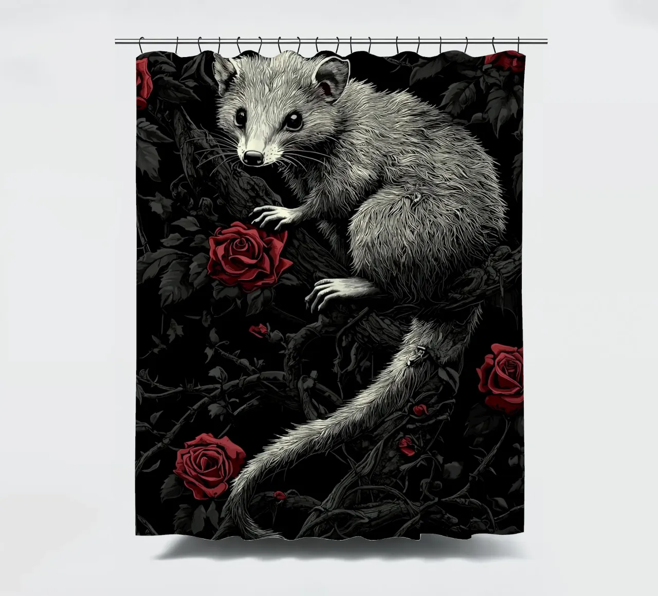 Opossum in un cespuglio di spine e rose tenda da doccia da pixelbull - medieval art and more