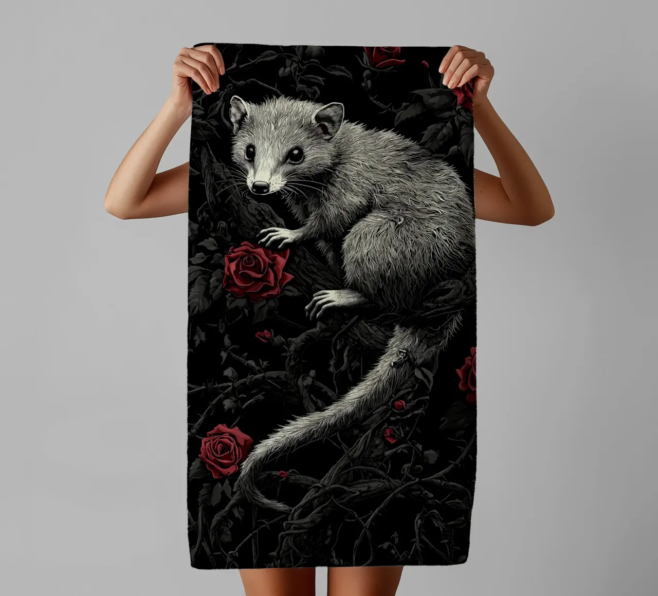 Opossum in un cespuglio di spine e rose asciugamano da bagno da pixelbull - medieval art and more