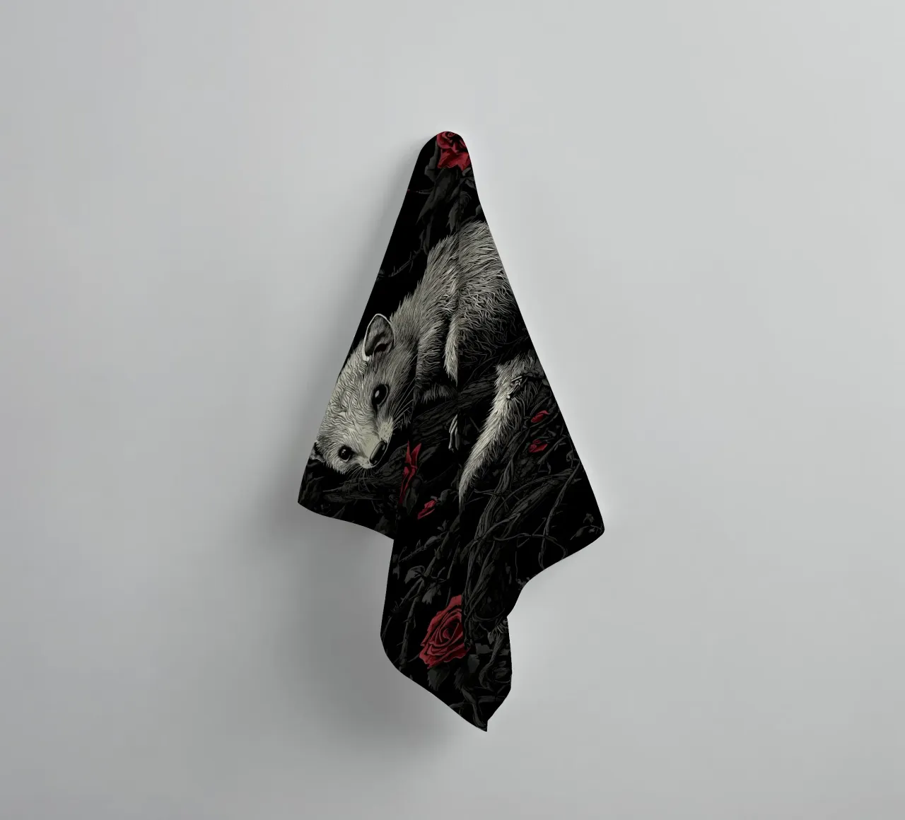 Opossum in un cespuglio di spine e rose asciugamano da bagno da pixelbull - medieval art and more
