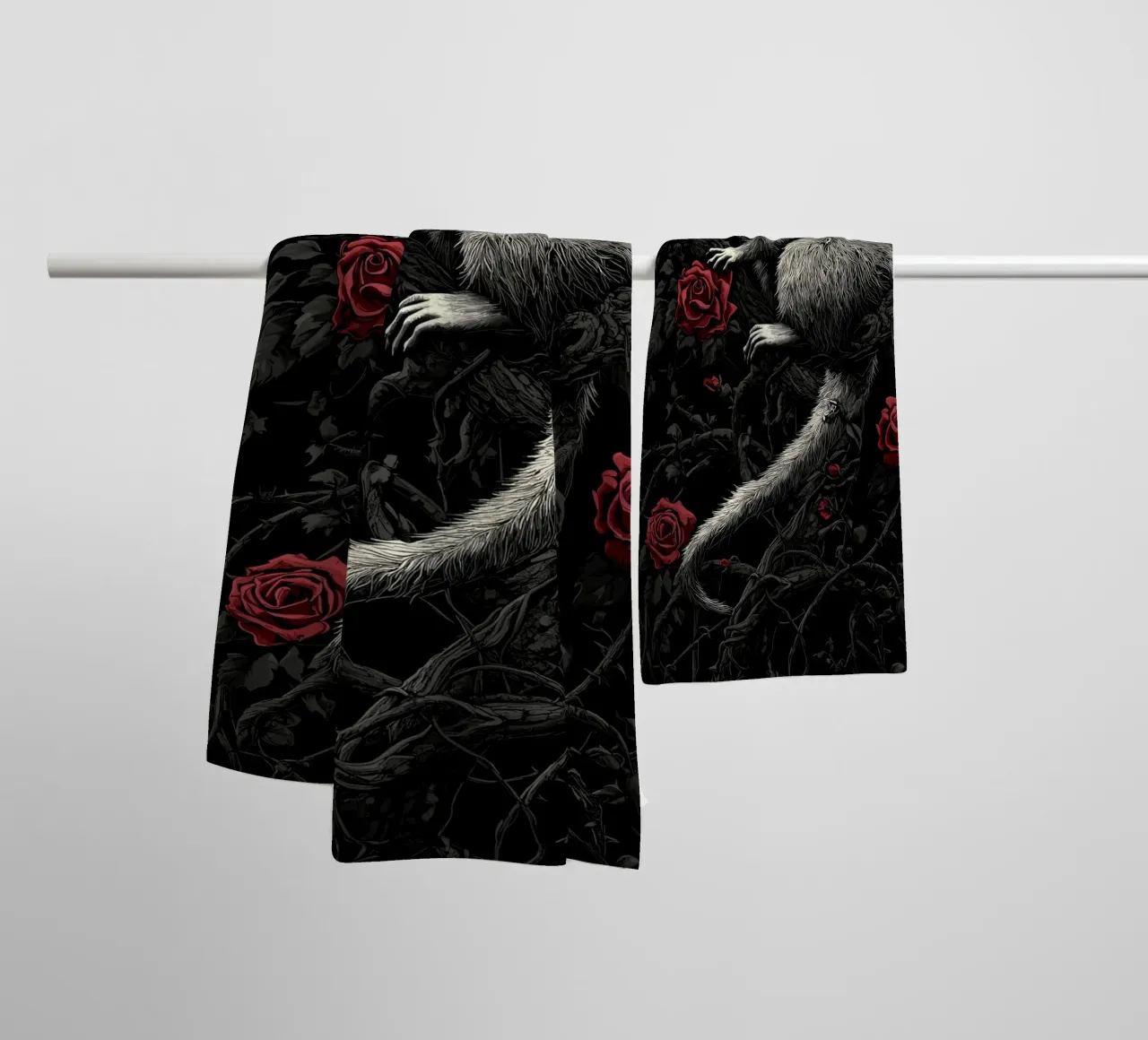 Opossum in un cespuglio di spine e rose asciugamano da bagno da pixelbull - medieval art and more