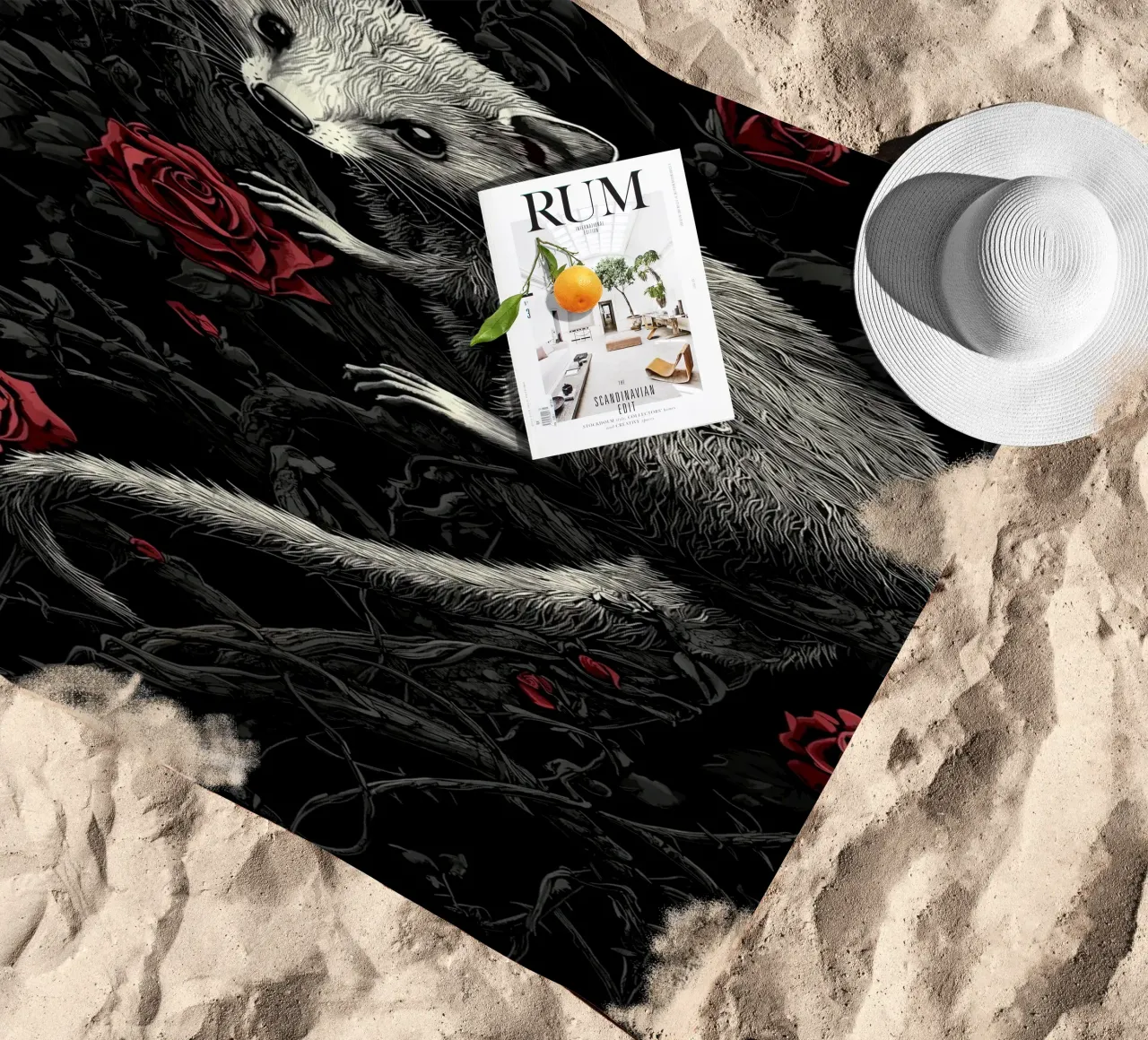 Opossum in un cespuglio di spine e rose telo mare da pixelbull - medieval art and more