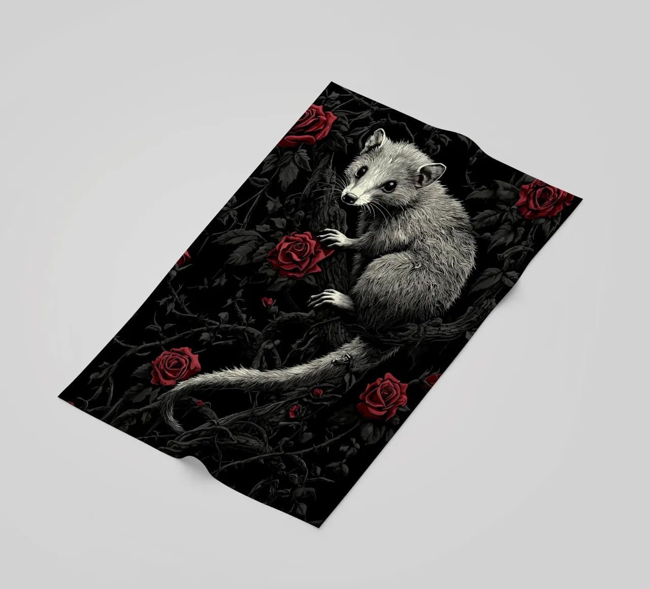 Opossum in un cespuglio di spine e rose telo mare da pixelbull - medieval art and more