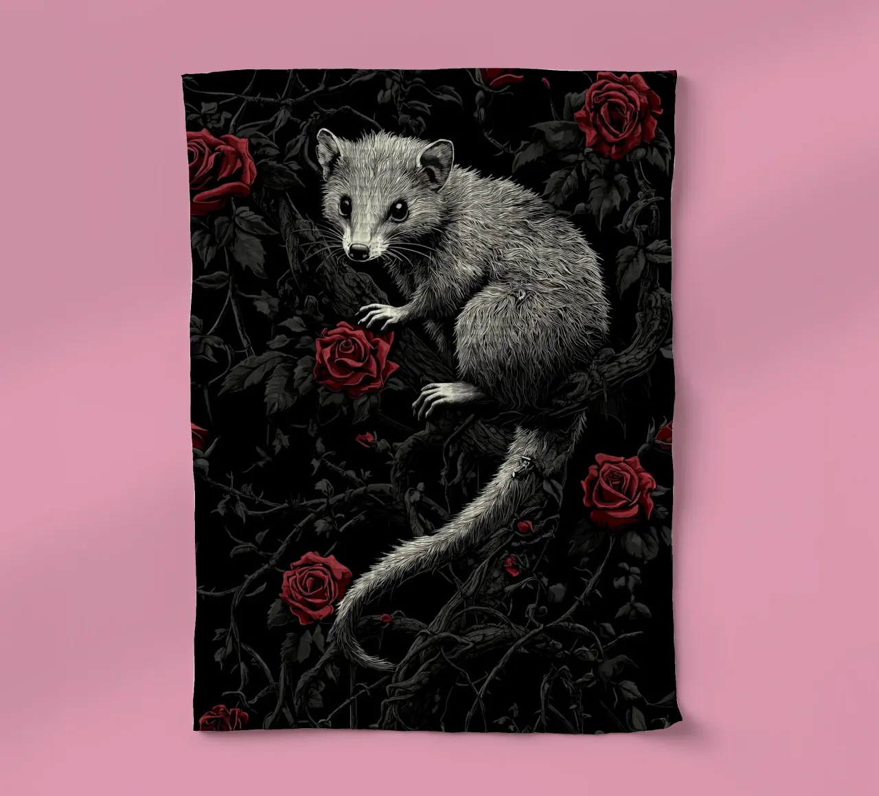 Opossum in un cespuglio di spine e rose canovaccio da cucina da pixelbull - medieval art and more