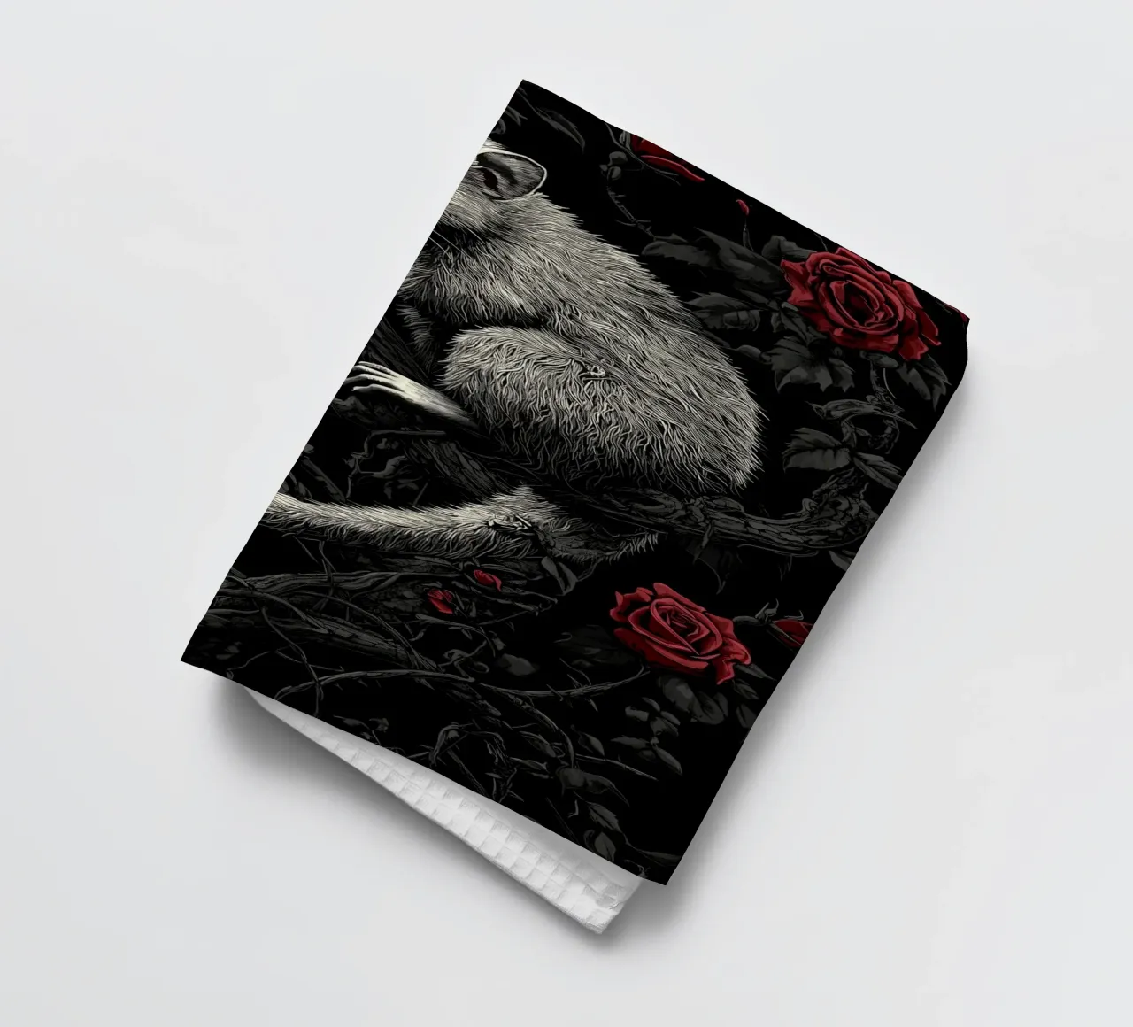 Opossum in un cespuglio di spine e rose canovaccio da cucina da pixelbull - medieval art and more