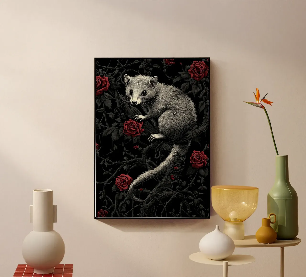 Opossum in un cespuglio di spine e rose plexiglass da pixelbull - medieval art and more