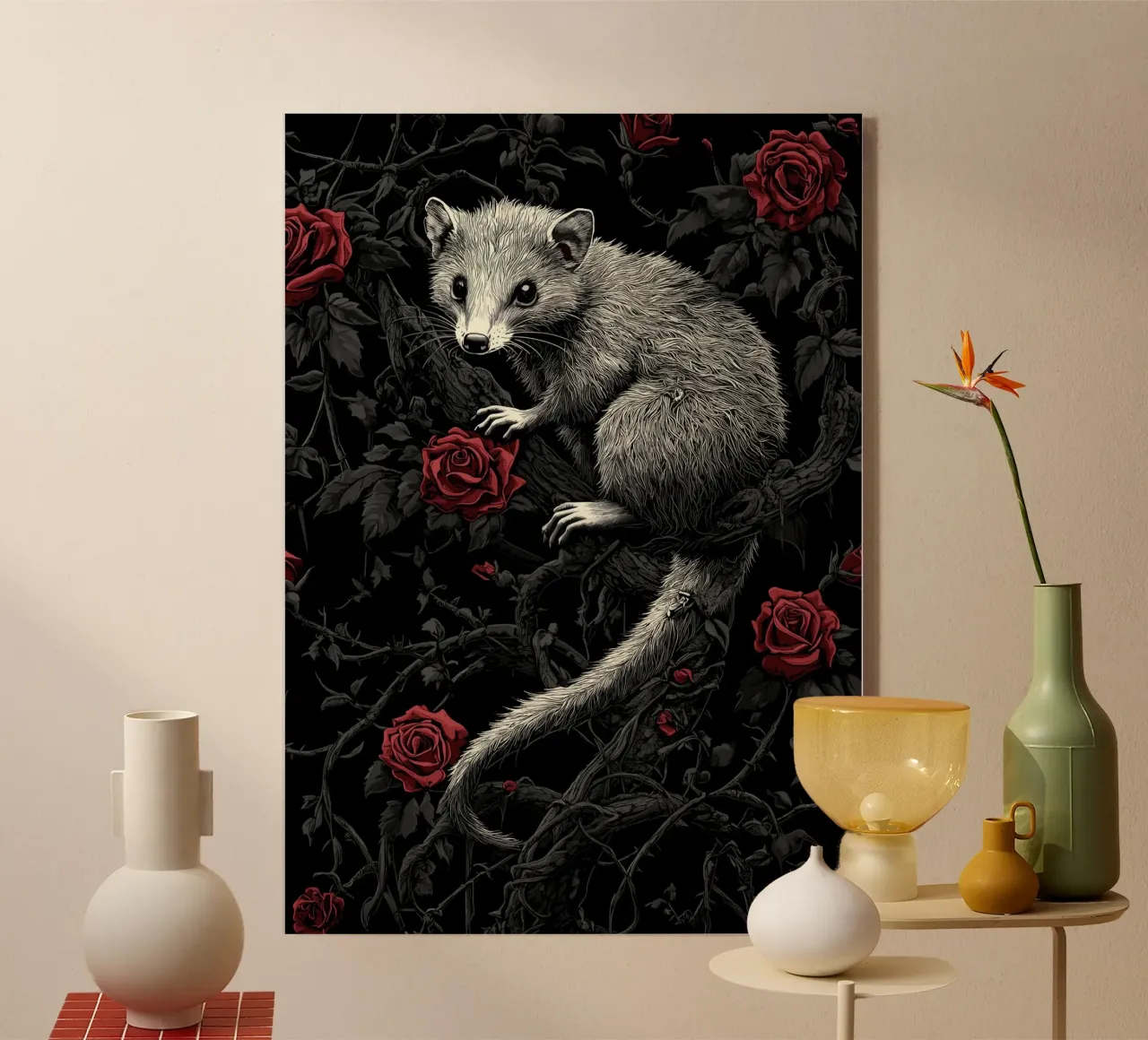 Opossum in un cespuglio di spine e rose plexiglass da pixelbull - medieval art and more