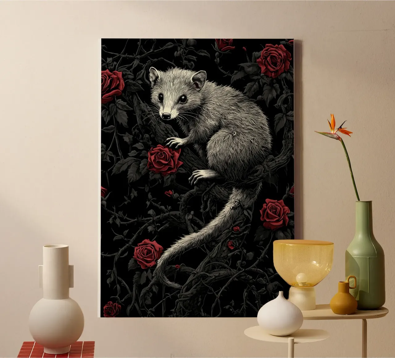 Opossum in un cespuglio di spine e rose tela da pixelbull - medieval art and more