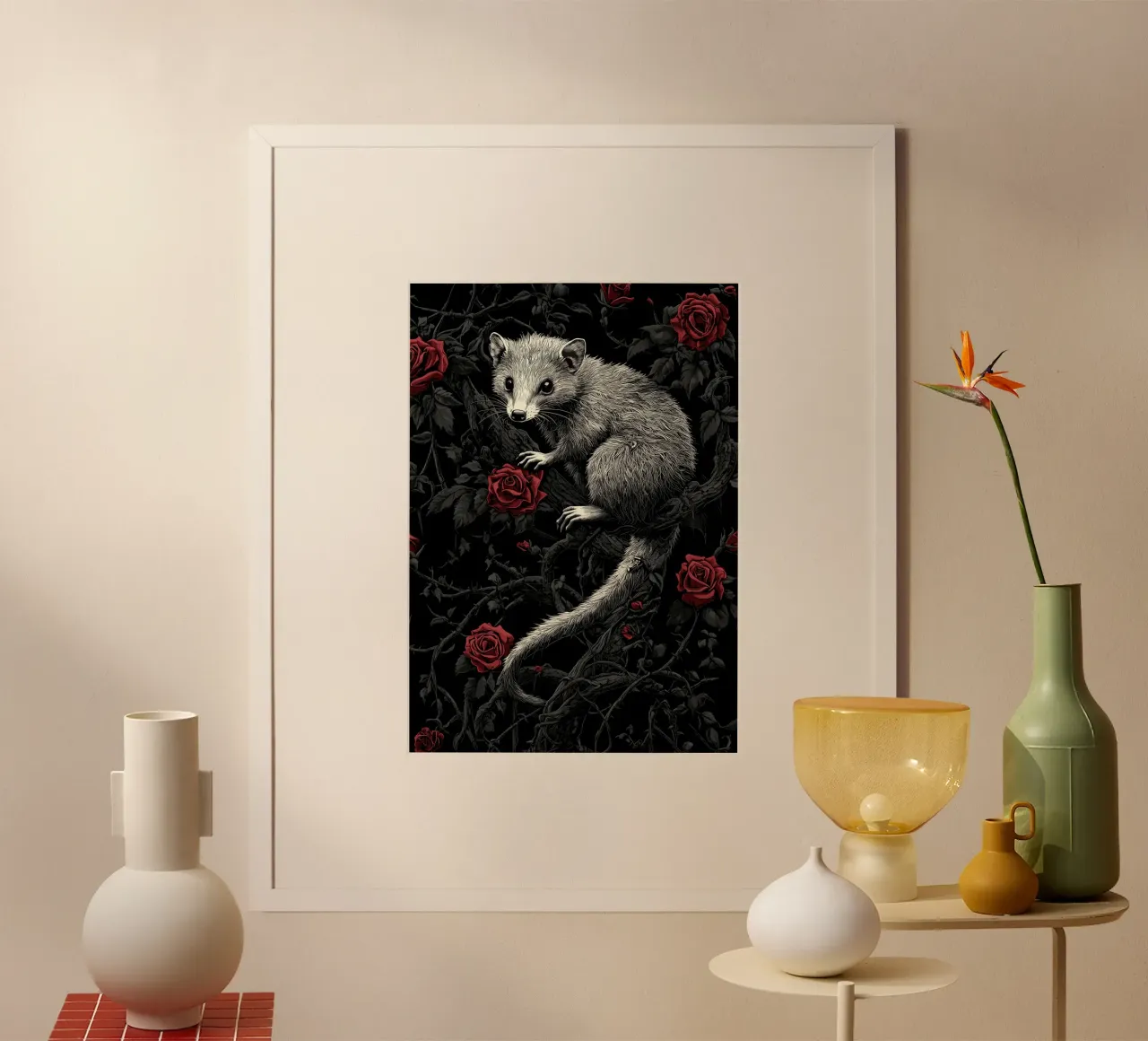 Opossum in un cespuglio di spine e rose carta hahnemühle da pixelbull - medieval art and more