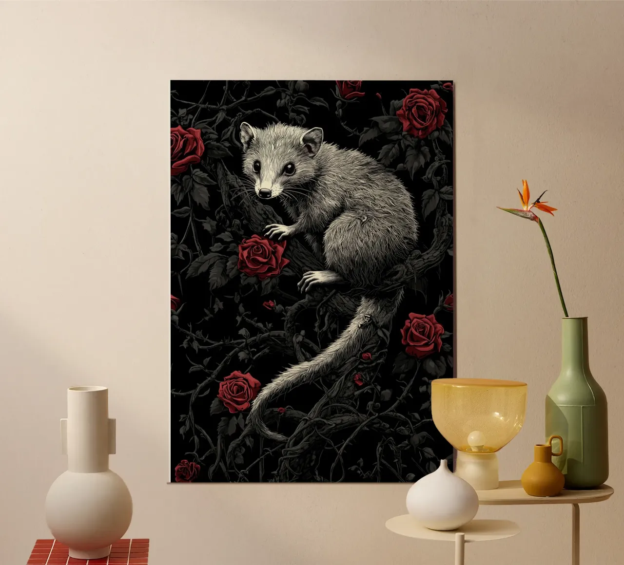 Opossum in un cespuglio di spine e rose carta hahnemühle da pixelbull - medieval art and more