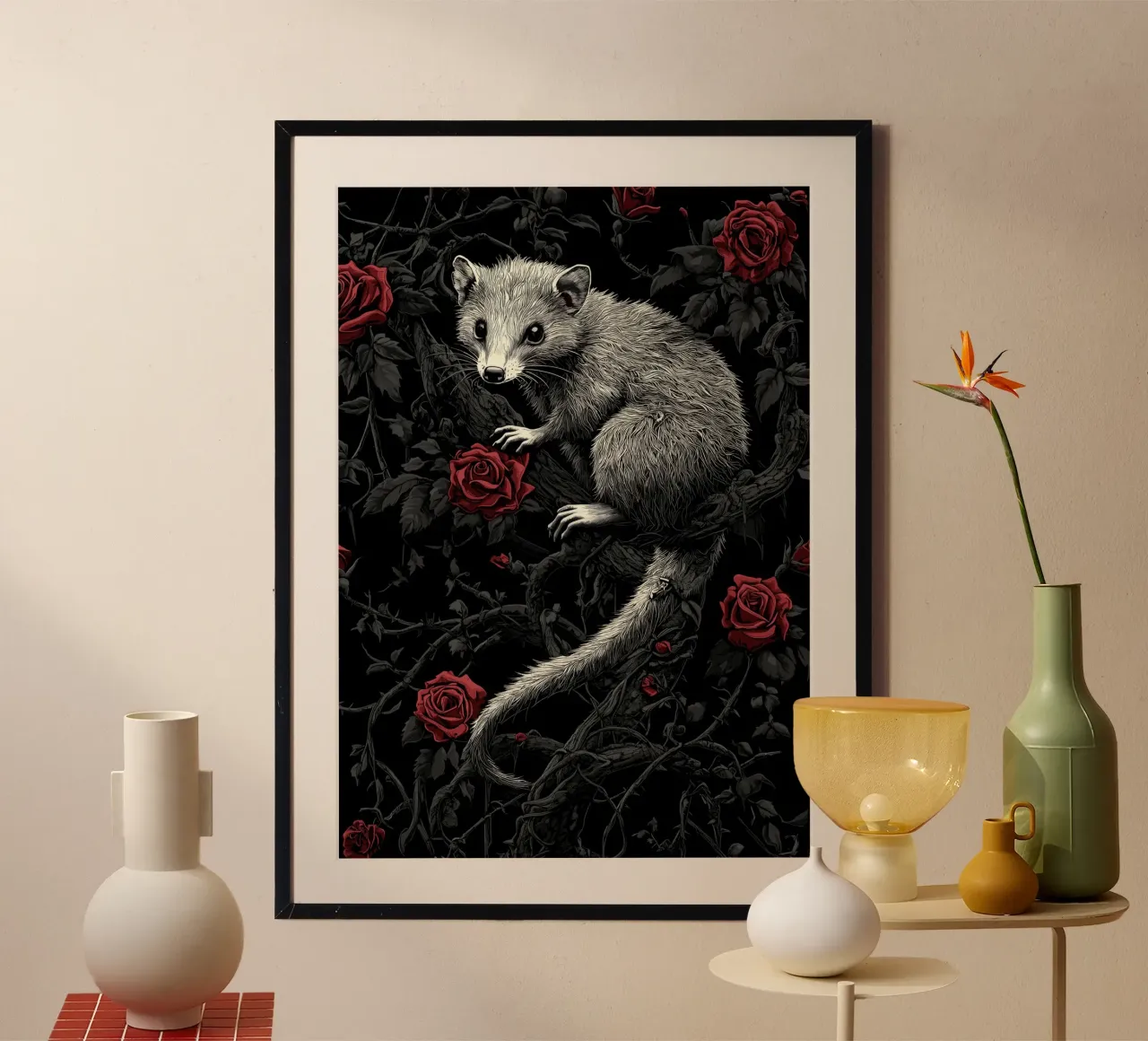 Opossum in un cespuglio di spine e rose carta hahnemühle da pixelbull - medieval art and more