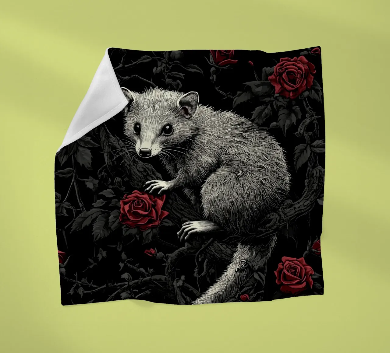 Opossum in un cespuglio di spine e rose coperta in pile da pixelbull - medieval art and more