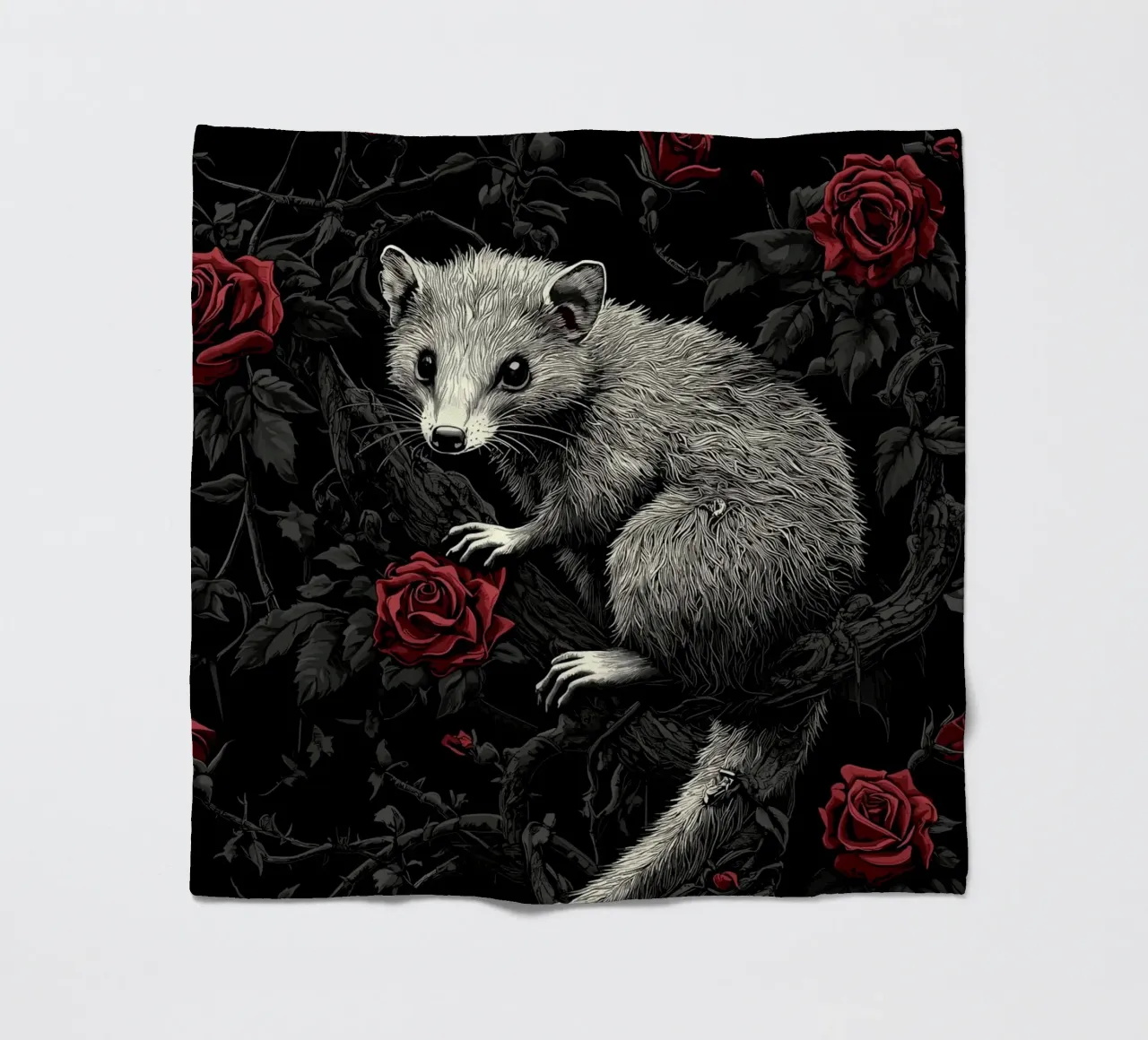 Opossum in un cespuglio di spine e rose coperta in pile da pixelbull - medieval art and more