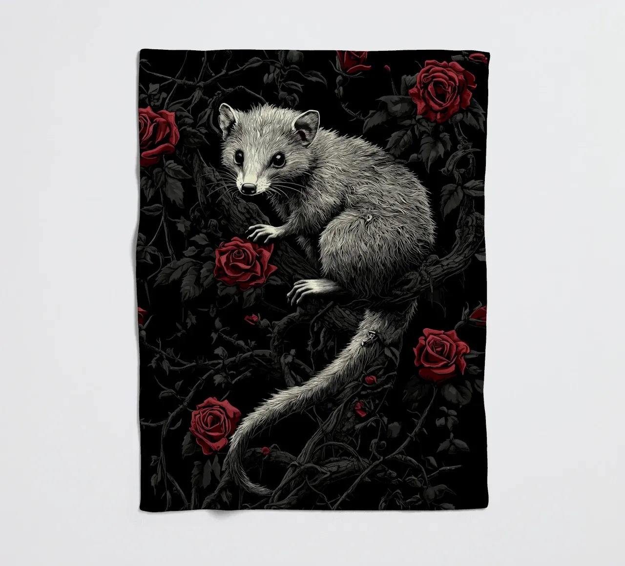 Opossum in un cespuglio di spine e rose coperta in pile da pixelbull - medieval art and more