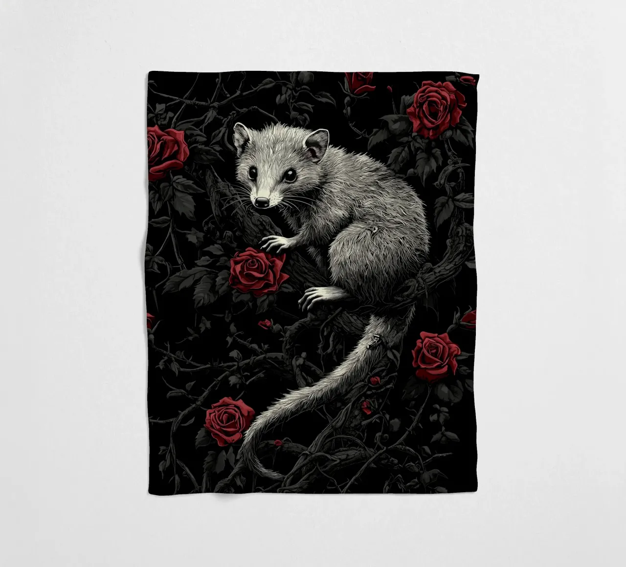 Opossum in un cespuglio di spine e rose coperta in pile da pixelbull - medieval art and more