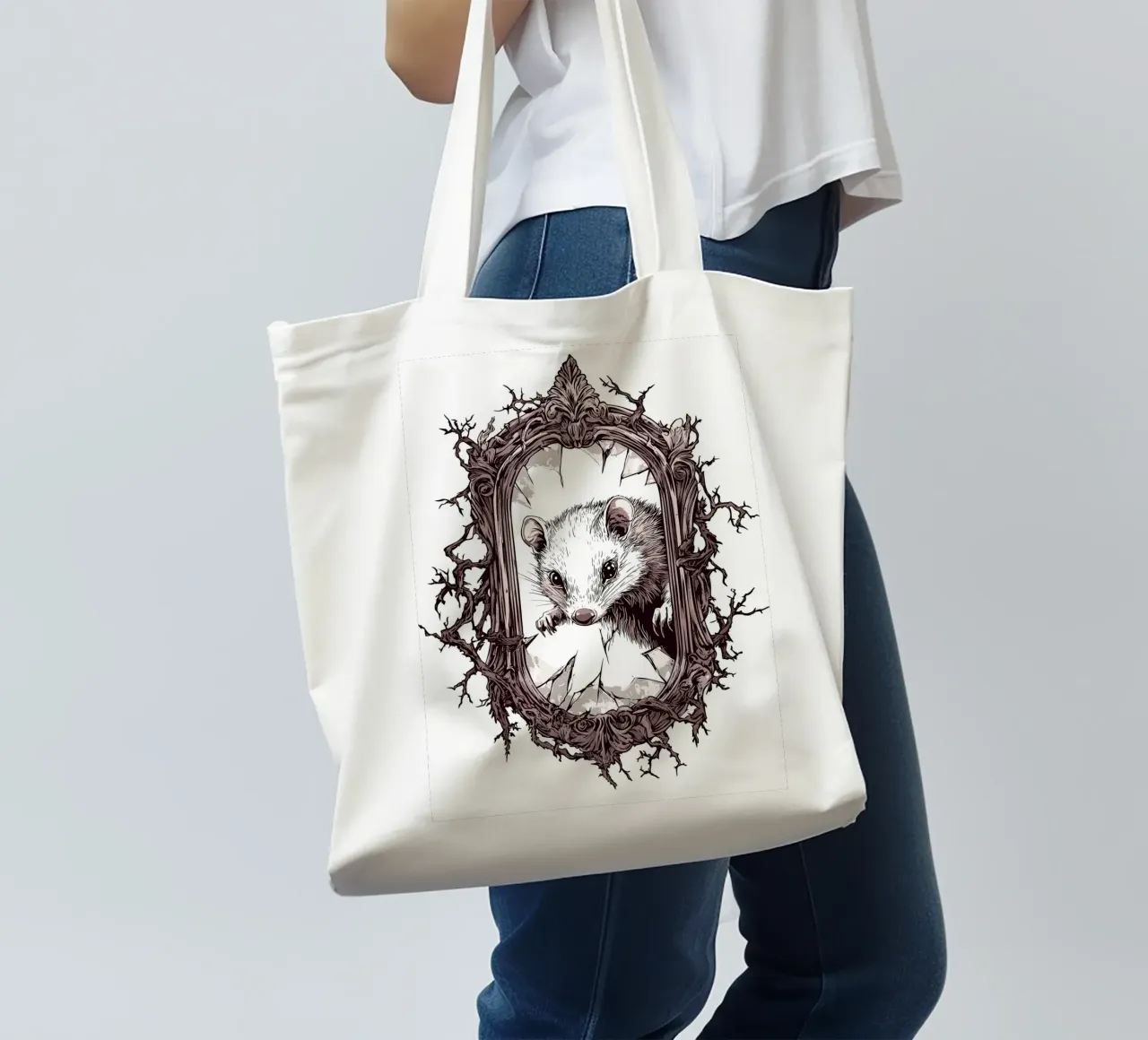 Possum breaks through mirror frame tote bag by pixelbull - medieval art and more