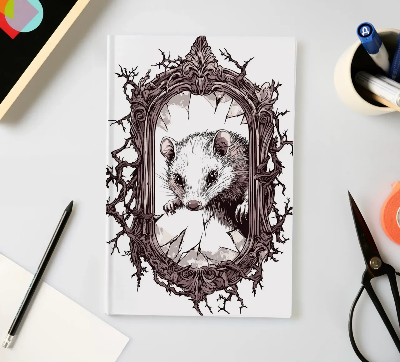 Possum breaks through mirror frame notebook by pixelbull - medieval art and more