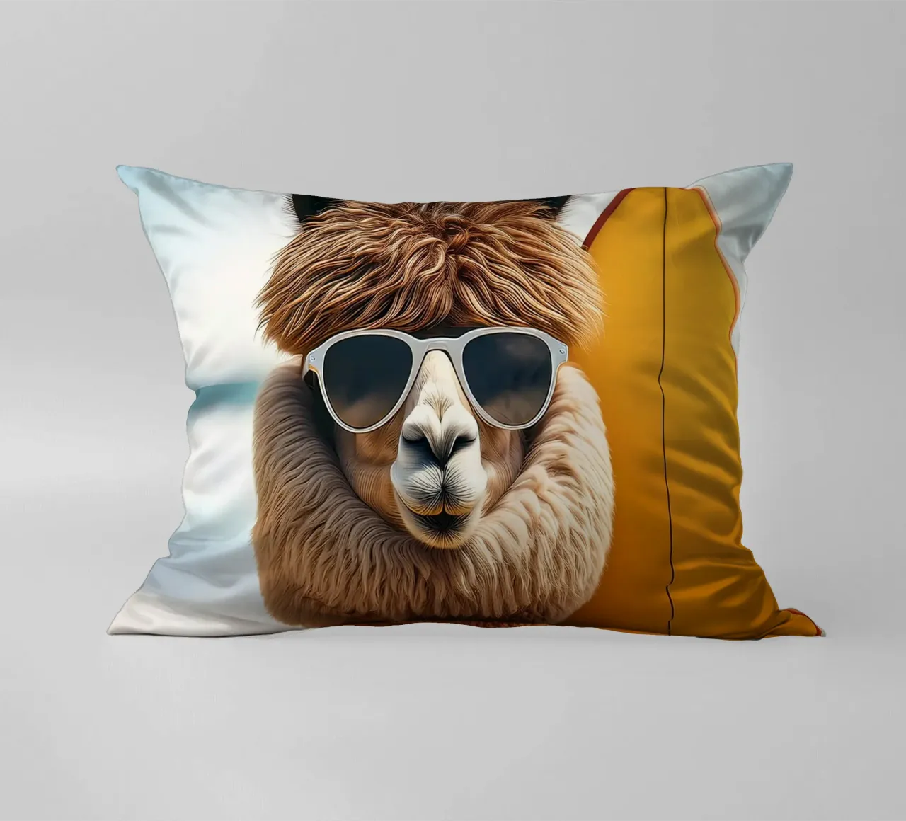 Cool Alpaca Surfer – Retro Beach Vibes Wall Art decorative cushion by FlexiDesignsByK