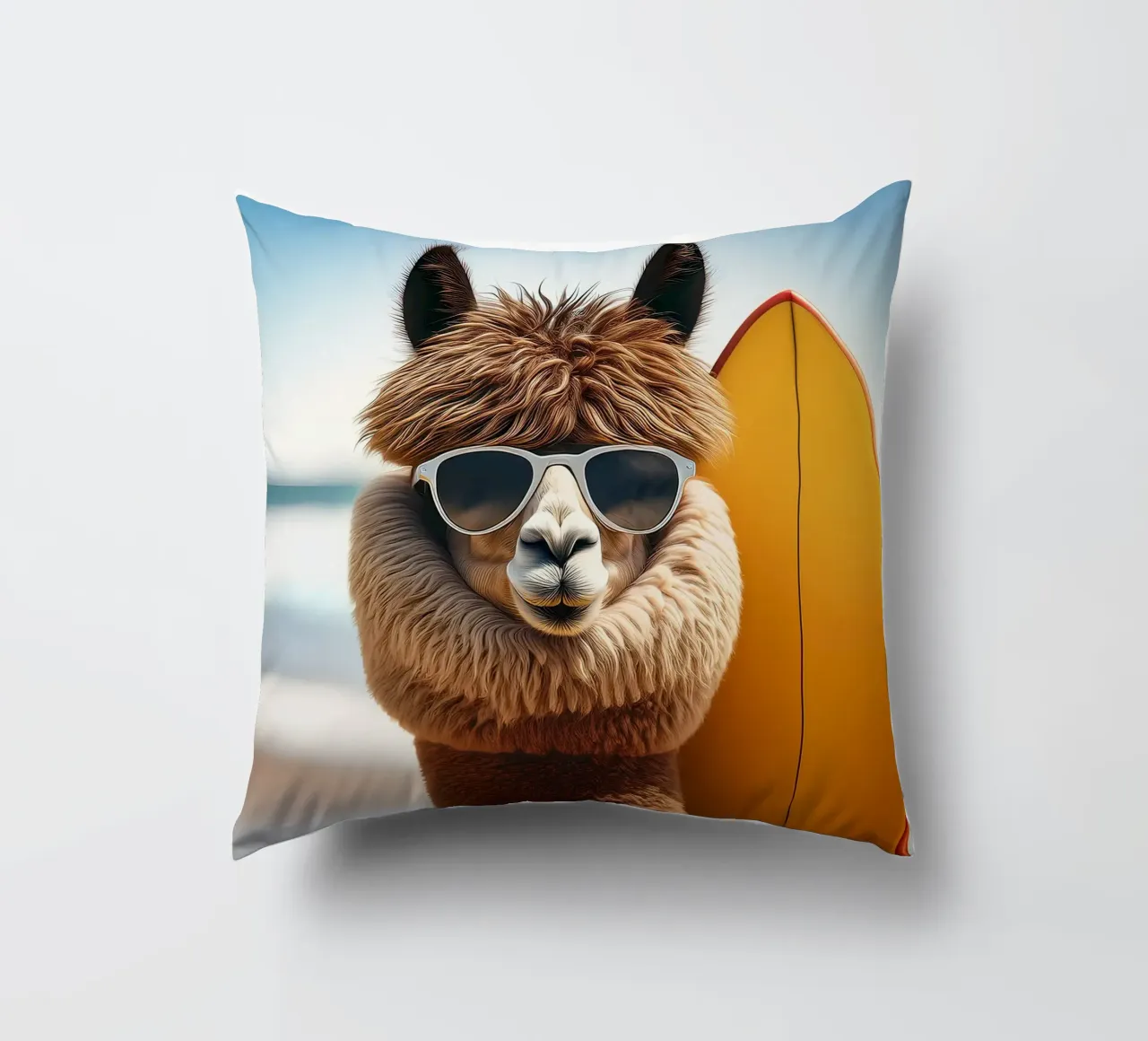 Cool Alpaca Surfer – Retro Beach Vibes Wall Art decorative cushion by FlexiDesignsByK