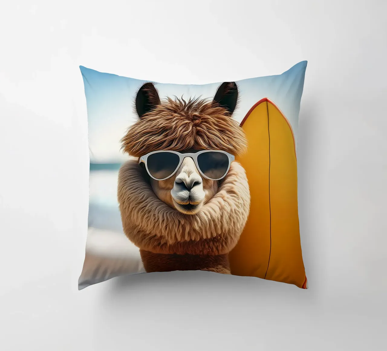 Cool Alpaca Surfer – Retro Beach Vibes Wall Art decorative cushion by FlexiDesignsByK