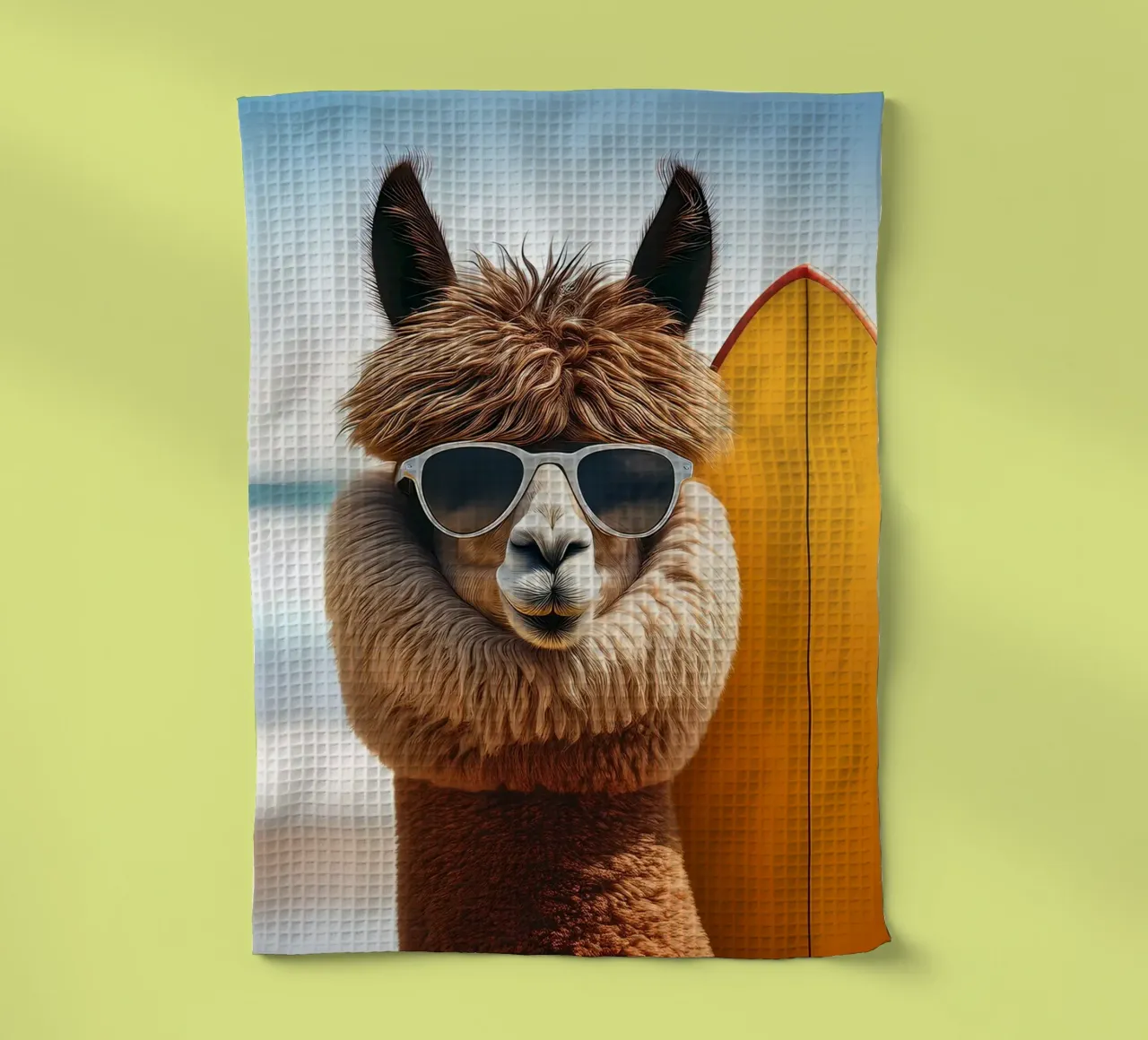 Cool Alpaca Surfer - Art mural Retro Beach Vibes torchon de FlexiDesignsByK