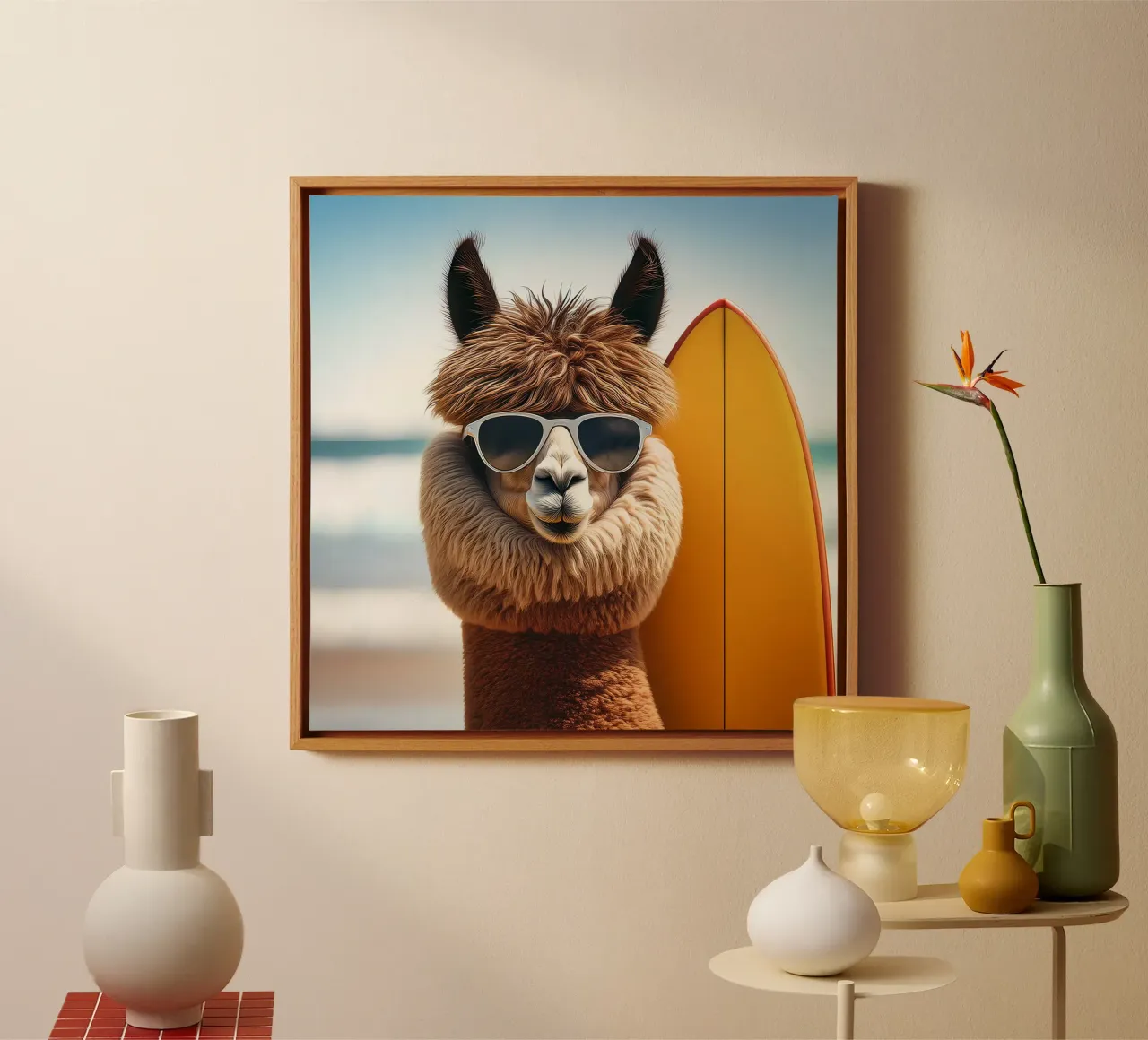 Cool Alpaca Surfer – Retro Beach Vibes Wall Art canvas by FlexiDesignsByK