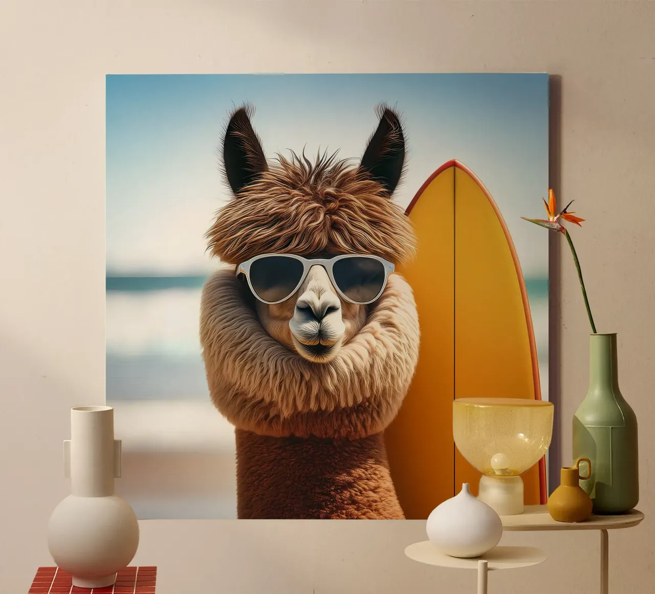 Cool Alpaca Surfer – Retro Beach Vibes Wall Art canvas by FlexiDesignsByK