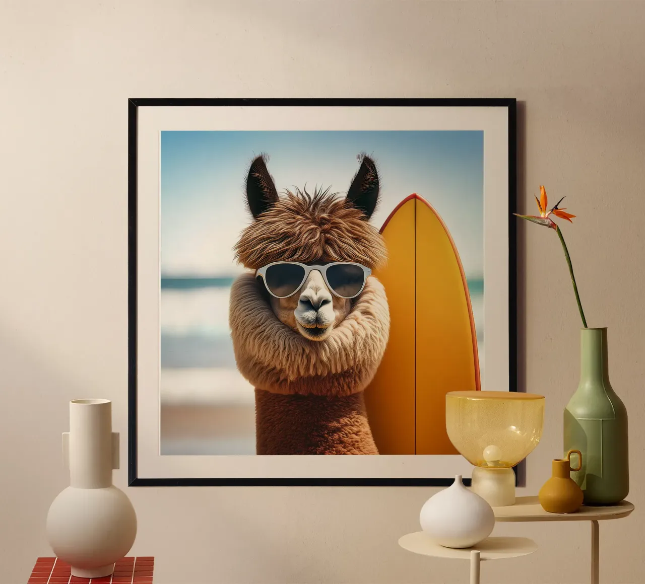 Cool Alpaca Surfer – Retro Beach Vibes Wall Art hahnemühle by FlexiDesignsByK