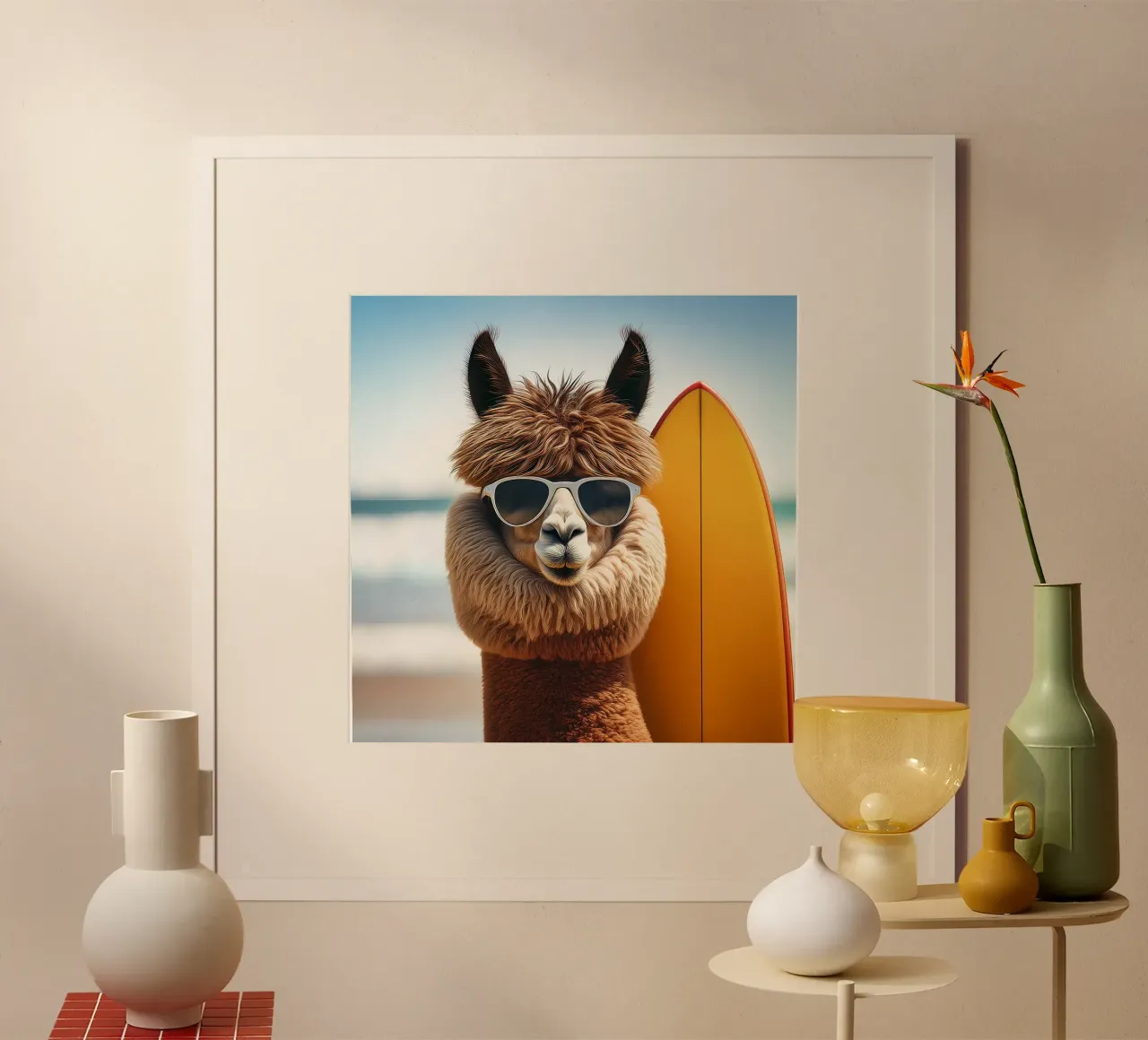 Cool Alpaca Surfer – Retro Beach Vibes Wall Art hahnemühle by FlexiDesignsByK