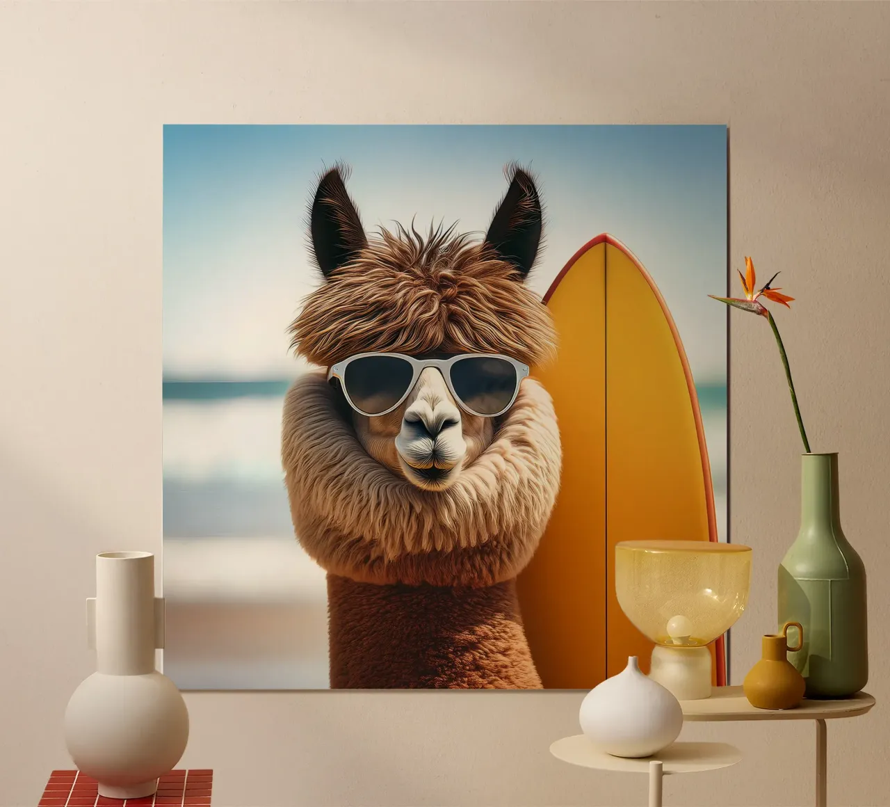 Cool Alpaca Surfer – Retro Beach Vibes Wall Art hahnemühle by FlexiDesignsByK