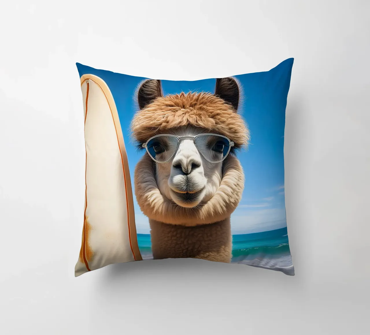 Stylish Llama Surfer – Coastal Cool Canvas Art decorative cushion by FlexiDesignsByK