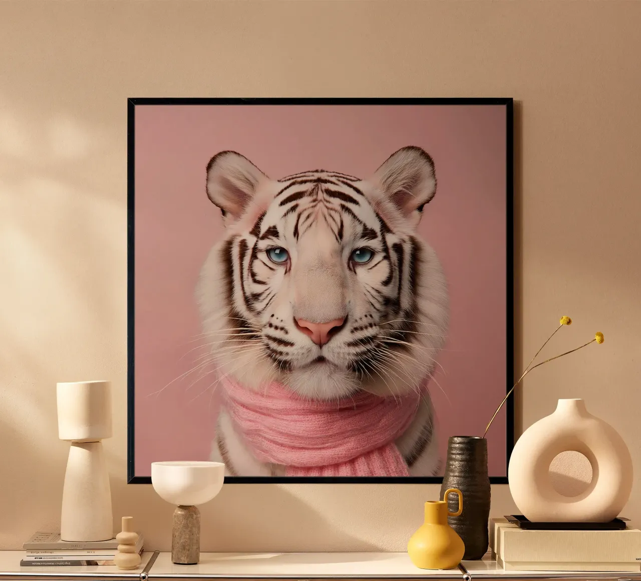 Elegante tigre bianca con sciarpa rosa - Ritratto di animale moderno poster con telaio in alluminio da FlexiDesignsByK