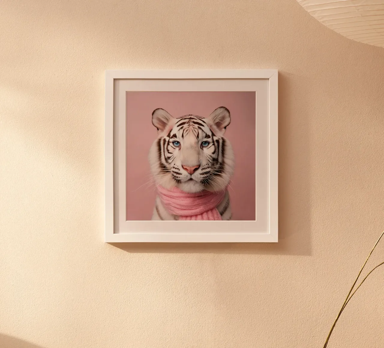 Elegante tigre bianca con sciarpa rosa - Ritratto di animale moderno poster con telaio in alluminio da FlexiDesignsByK