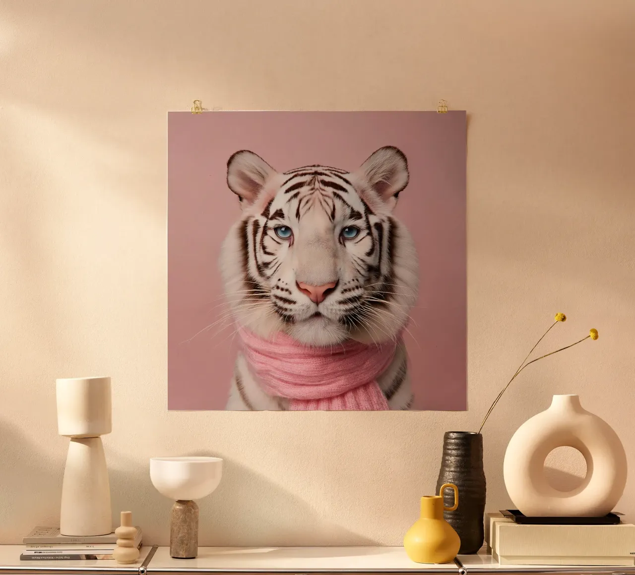 Elegante tigre bianca con sciarpa rosa - Ritratto di animale moderno poster con telaio in alluminio da FlexiDesignsByK
