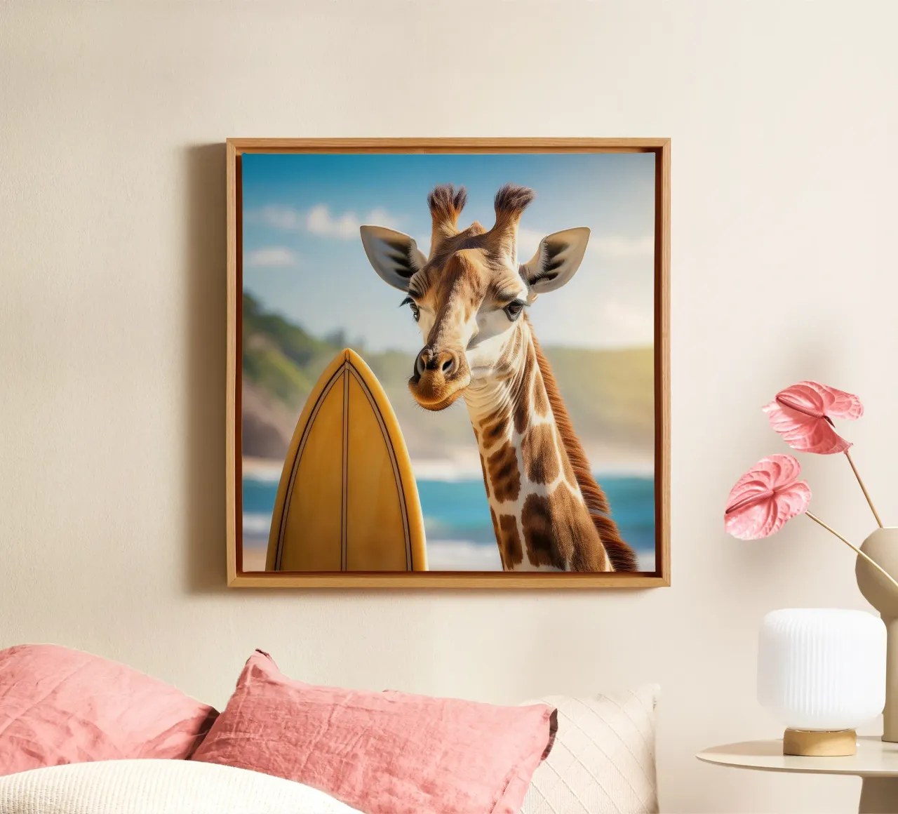 Surfer Giraffe by the Coast – Quirky Beach Art Print canvas with Floater frame by FlexiDesignsByK