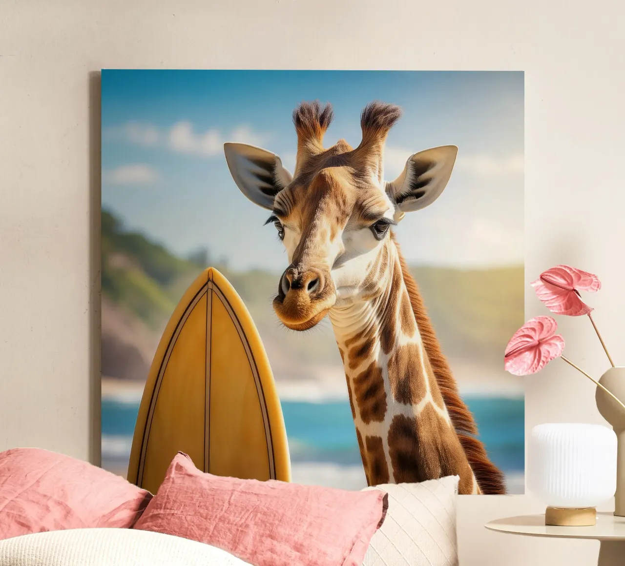 Surfer Giraffe by the Coast – Quirky Beach Art Print canvas with Floater frame by FlexiDesignsByK
