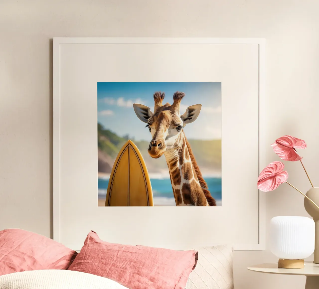 Surfer Giraffe by the Coast – Quirky Beach Art Print poster by FlexiDesignsByK