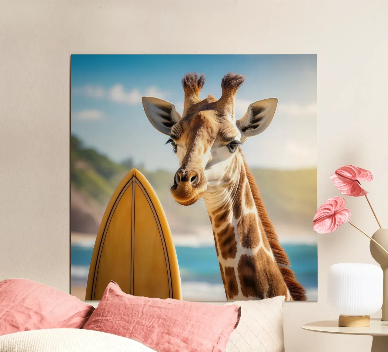 Surfer Giraffe by the Coast – Quirky Beach Art Print poster by FlexiDesignsByK
